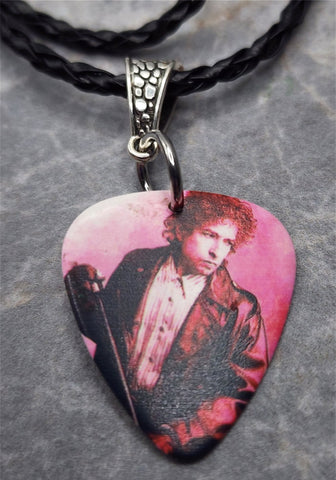 Bob Dylan Guitar Pick Necklace on Black Braided Cord