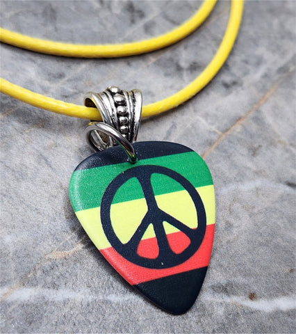 Bob Marley Peace Sign Rasta Colors Guitar Pick Necklace with Rolled Yellow Cord