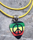 Bob Marley Peace Sign Rasta Colors Guitar Pick Necklace with Rolled Yellow Cord