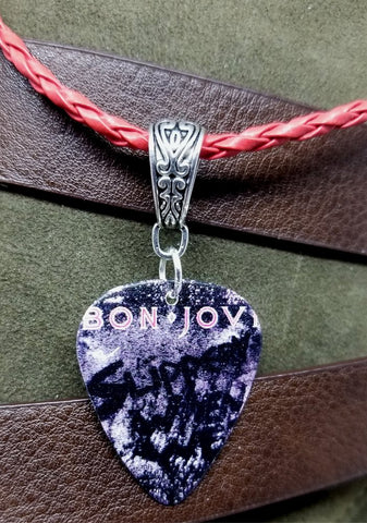 Bon Jovi Slippery When Wet Guitar Pick Necklace on Red Braided Cord