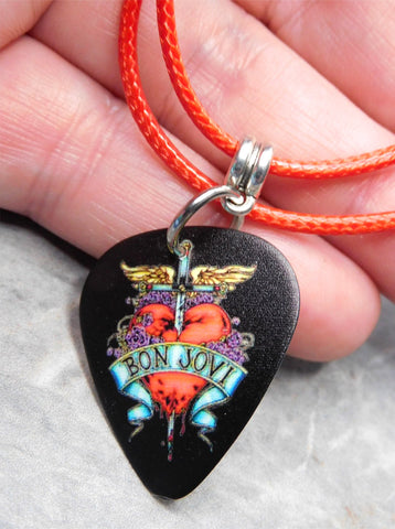 Bon Jovi Greatest Hits Guitar Pick Necklace with Red Rolled Cord