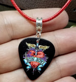 Bon Jovi Greatest Hits Guitar Pick Necklace on Red Rolled Cord