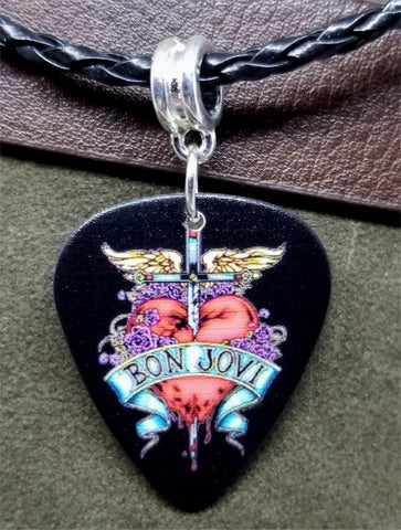 Bon Jovi Greatest Hits Guitar Pick Necklace on Black Braided Cord