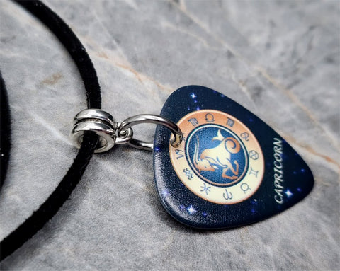 Horoscope Astrological Sign Capricorn Guitar Pick Necklace on Black Suede Cord