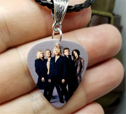 Def Leppard Group Picture Guitar Pick Necklace on Black Braided Cord