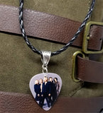 Def Leppard Group Picture Guitar Pick Necklace on Black Braided Cord