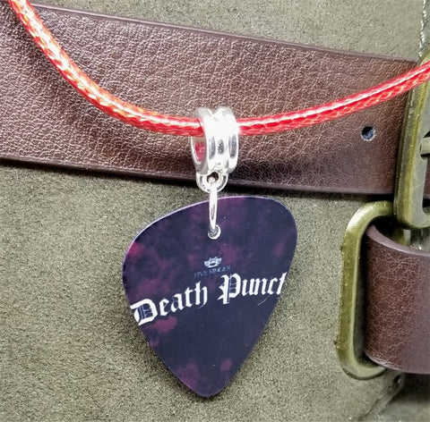 Five Finger Death Punch Guitar Pick Necklace on Red Rolled Cord