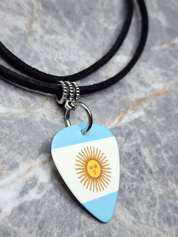 Flag of Argentina Guitar Pick Necklace on Black Suede Cord