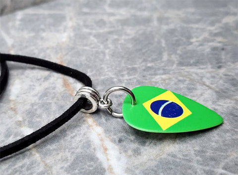 Flag of Brazil Guitar Pick Necklace on Black Suede Cord