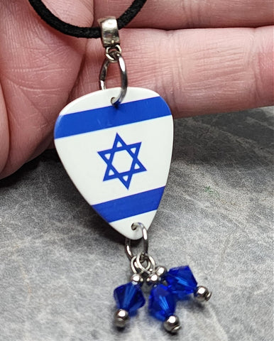 Israeli Flag Guitar Pick Necklace with Black Suede Cord with Blue Swarovski Crystal Dangles
