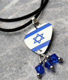 Israeli Flag Guitar Pick Necklace with Black Suede Cord with Blue Swarovski Crystal Dangles