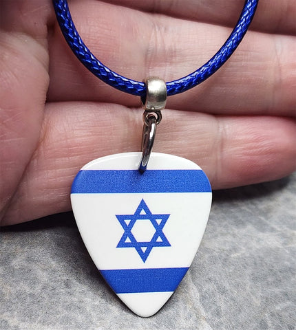 Israeli Flag Guitar Pick Necklace with Rolled Blue Cord