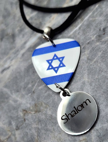 Israeli Flag Guitar Pick Necklace and Shalom Charm with Rolled Blue Cord