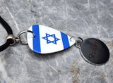 Israeli Flag Guitar Pick Necklace and Shalom Charm with Rolled Blue Cord