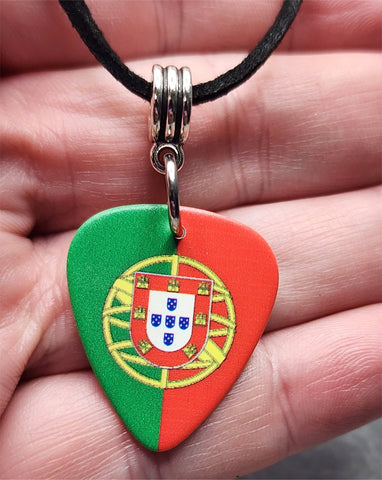 Flag of Portugal Guitar Pick Necklace on Black Suede Cord