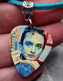 Johnny Cash Guitar Pick Necklace with Aqua Blue Sueded Cord