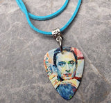 Johnny Cash Guitar Pick Necklace with Aqua Blue Sueded Cord