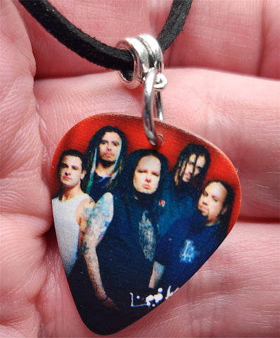 Korn Group Picture Guitar Pick Necklace with Black Suede Cord