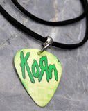 Korn Green Guitar Pick Necklace with Black Sueded Cord
