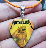 Metallica Jump in the Fire Guitar Pick Necklace with Orange Rolled Cord