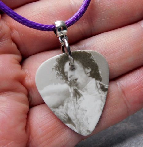 Prince Guitar Pick on a Purple Rolled Cord Necklace