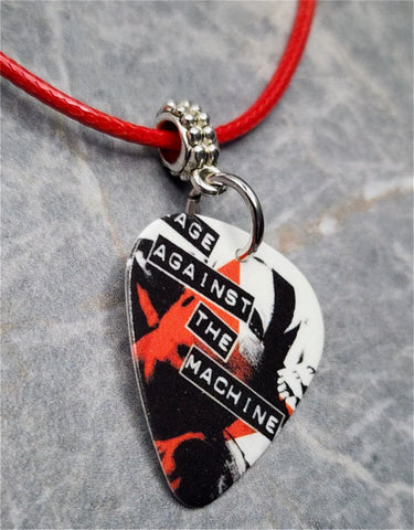 Rage Against the Machine Guitar Pick on a Red Rolled Cord Necklace