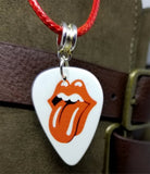 Rolling Stones Emblem White Guitar Pick Necklace with Red Rolled Cord