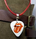 Rolling Stones Emblem White Guitar Pick Necklace with Red Rolled Cord