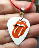 Rolling Stones Emblem White Guitar Pick Necklace with Red Rolled Cord