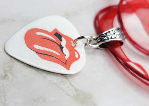 Rolling Stones Emblem Guitar Pick Necklace on Red Ribbon Cord