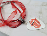Rolling Stones Emblem Guitar Pick Necklace on Red Ribbon Cord