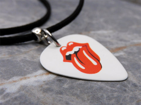 Rolling Stones Emblem Guitar Pick Necklace with Black Suede Cord