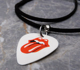 Rolling Stones Emblem Guitar Pick Necklace with Black Suede Cord