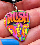 Rush Colorful Group Illustration Guitar Pick Necklace with Black Sueded Cord