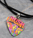 Rush Colorful Group Illustration Guitar Pick Necklace with Black Sueded Cord