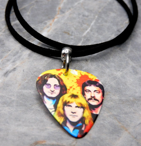 Rush Colorful Group Illustration Guitar Pick Necklace with Black Sueded Cord