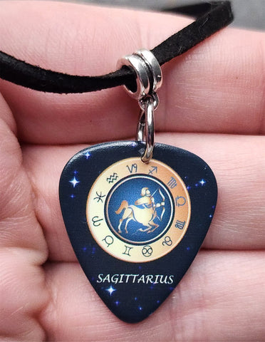 Horoscope Astrological Sign Sagittarius Guitar Pick Necklace on a Black Suede Cord