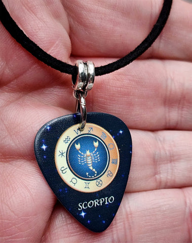 Horoscope Astrological Sign Scorpio Guitar Pick Necklace on a Black Suede Cord