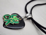 Luck Charm with a Black Guitar Pick Necklace on Black Suede Rolled Cord