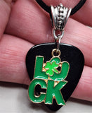 Luck Charm with a Black Guitar Pick Necklace on Black Suede Rolled Cord