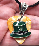 Leprechaun Hat Charm on Gold MOP Guitar Pick Necklace on Black Suede Cord