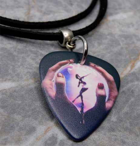 Styx Crystal Ball Guitar Pick Necklace on Black Suede Cord