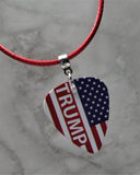 Trump on American Flag Guitar Pick Necklace with Red Rolled Cord