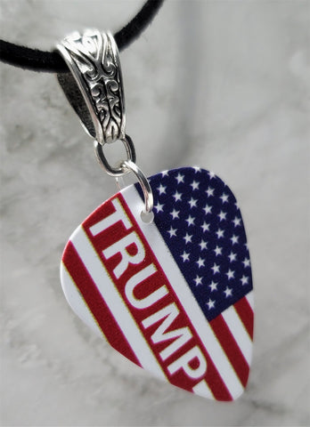 Trump on American Flag Guitar Pick Necklace on Black Suede Cord
