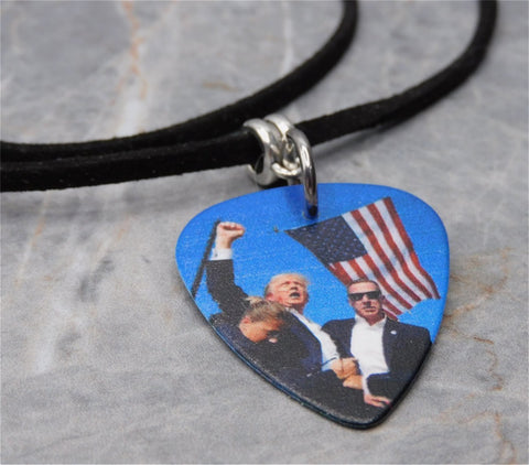 Trump Assassination Attempt Guitar Pick Necklace on Black Suede Cord