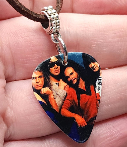 Van Halen Group Picture Guitar Pick Necklace on Brown Suede Cord
