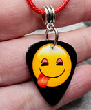Tongue Sticking Out Emoji Guitar Pick Necklace with Red Rolled Cord