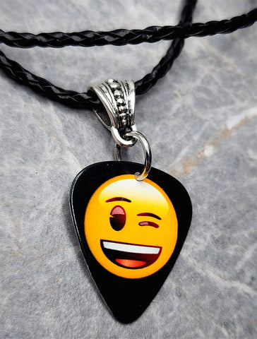 Winking Emoji Guitar Pick on Black Braided Cord Necklace