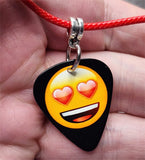 Heart Eyes Love Emoji Guitar Pick Necklace with Red Rolled Cord