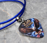 Bald Eagle with an American Flag 250 Years Guitar Pick Necklace with Blue Rolled Cord